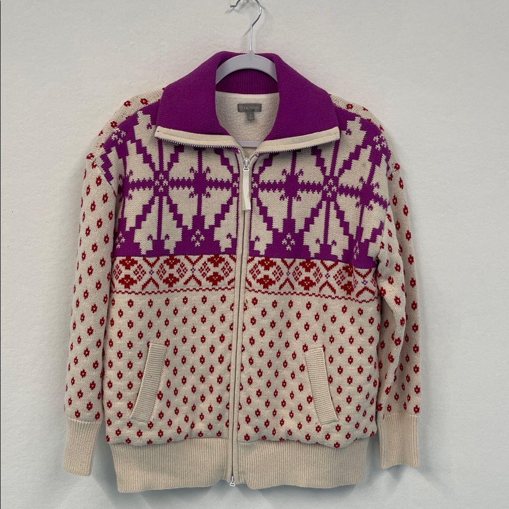 T by Talbots Purple and Red Patterned Zip-Up Sweater